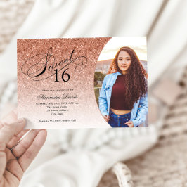 Invitación Dulce 16 Rosa de cumpleaños Purpurina de oro Glam