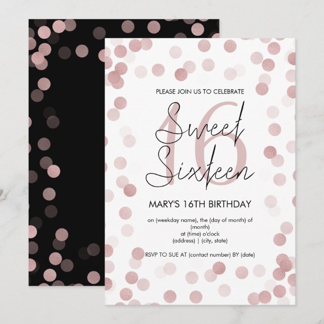 Invitación Dulce 16 Rosa de la fiesta de cumpleaños Gold Glam (Anverso / Reverso)