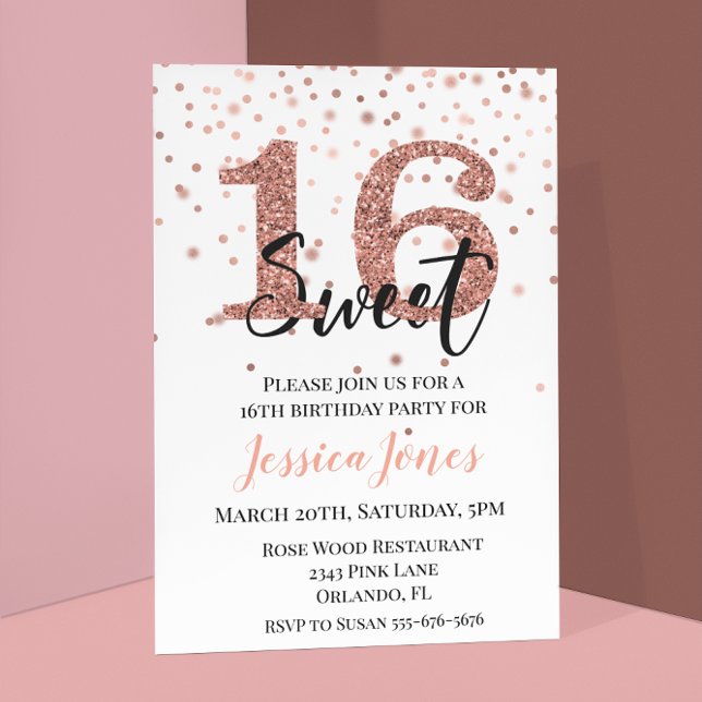 Invitación Dulce 16 Rosa de la fiesta de cumpleaños Purpurina (Subido por el creador)