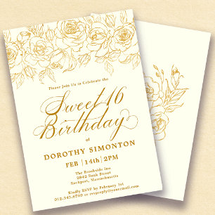 Invitación Dulce 16 Rosa de oro de cumpleaños Floral Marfil B
