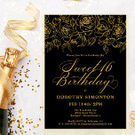 Invitación Dulce 16 Rosa de oro de cumpleaños Floral Negro<br><div class="desc">Elegantes rosas de oro de línea abierta crean el borde superior perfecto. El fondo negro aporta un toque dramático y la caligrafía aporta un toque de lujo. Esta invitación forma parte de la colección de Rosas Luxe Gold. Contiene plantillas para papelería de cumpleaños, carteles de bienvenida y decoración de fiestas....</div>