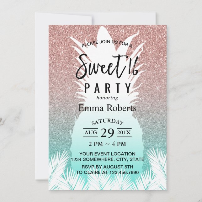 Invitación Dulce 16 Rosa de piña tropical Purpurina de oro (Anverso)