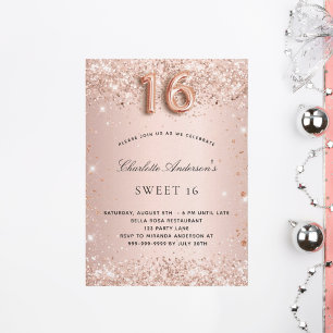 Invitación Dulce 16 rosa dorado purpurina brillo lujo