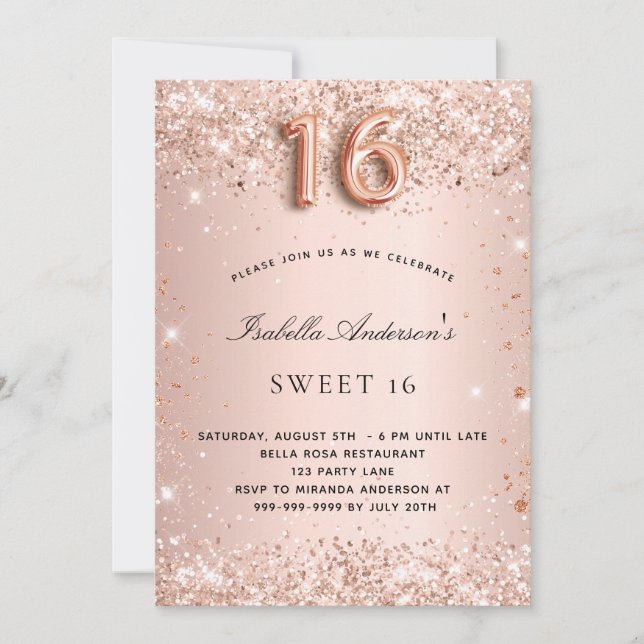 Invitación Dulce 16 rosa dorado rosa rubor (Anverso)