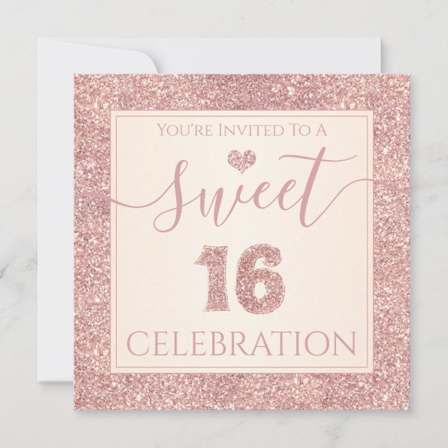 Invitación Dulce 16 Rosa Faux Purpurina Fiesta de cumpleaños (Anverso)