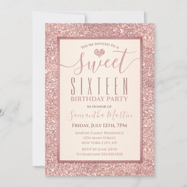 Invitación Dulce 16 Rosa Faux Purpurina Fiesta de cumpleaños (Anverso)