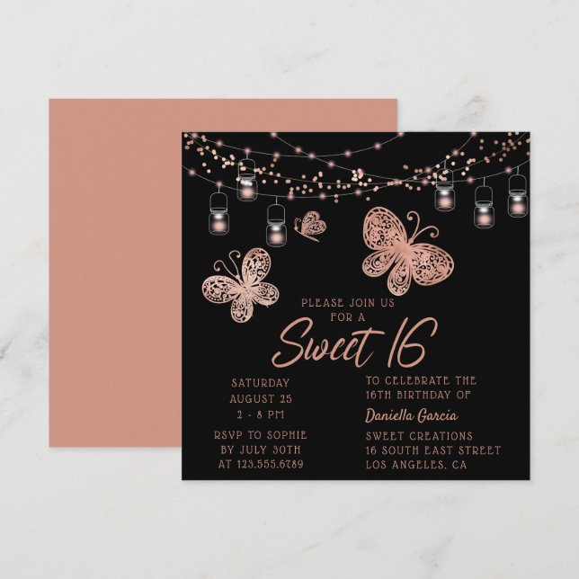 Invitación Dulce 16 Rosa Moda de mariposa dorada Cumpleaños m (Anverso / Reverso)