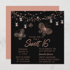 Invitación Dulce 16 Rosa Moda de mariposa dorada Cumpleaños m