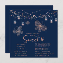 Dulce 16 Rosa Moda de mariposa dorada Cumpleaños m