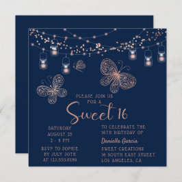 Invitación Dulce 16 Rosa Moda de mariposa dorada Cumpleaños m