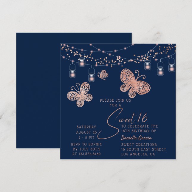 Invitación Dulce 16 Rosa Moda de mariposa dorada Cumpleaños m (Anverso / Reverso)
