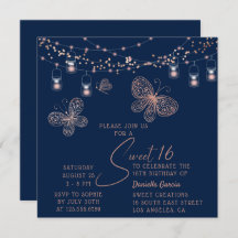 Dulce 16 Rosa Moda de mariposa dorada Cumpleaños m