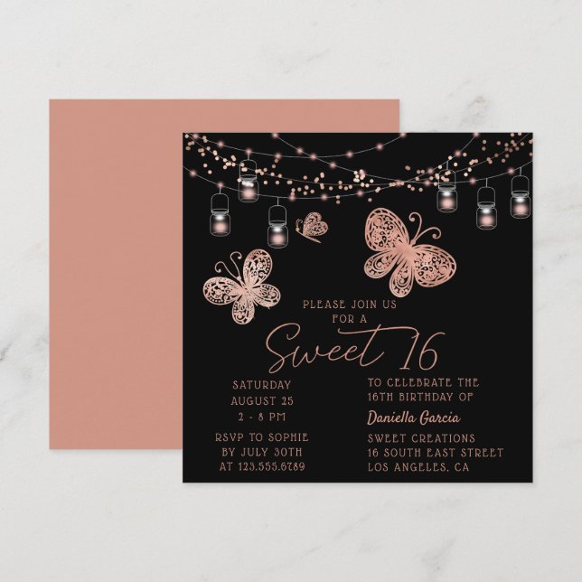 Invitación Dulce 16 Rosa Moda de mariposa dorada Cumpleaños m (Anverso / Reverso)