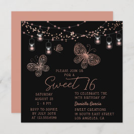 Invitación Dulce 16 Rosa Moda de mariposa dorada Cumpleaños m