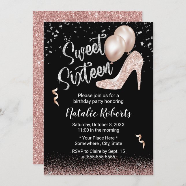 Invitación Dulce 16 Rosa moderno Chica de oro 16º cumpleaños (Anverso / Reverso)