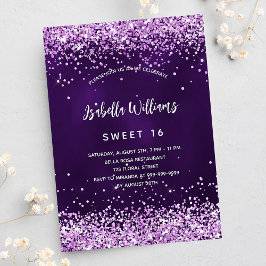 Invitación Dulce 16 rosa morado purpurina glamoroso