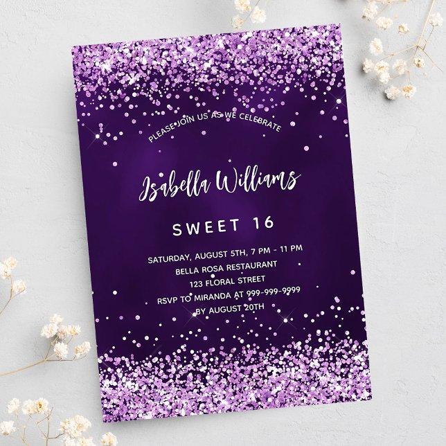 Invitación Dulce 16 rosa morado purpurina glamoroso (Subido por el creador)