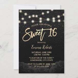 Invitación Dulce 16 Rosa negro moderno Purpurina negro floral