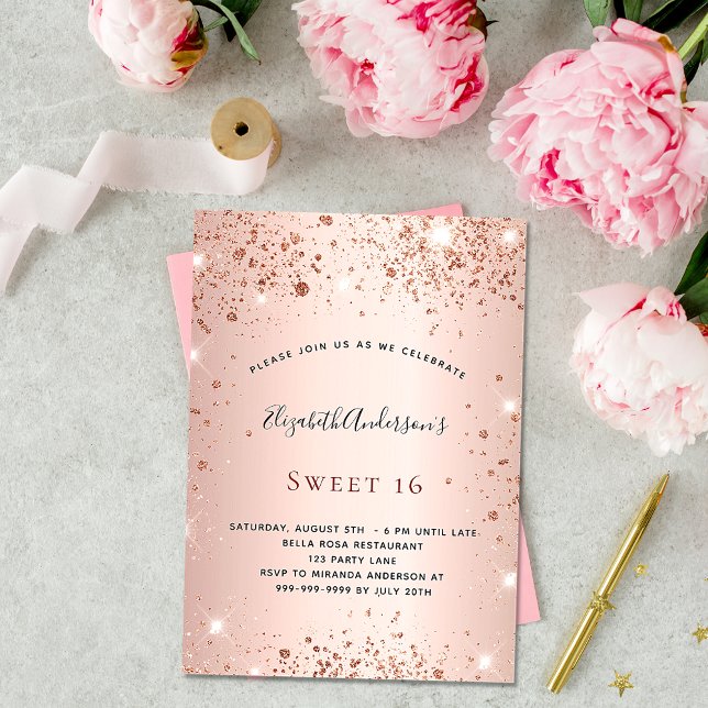 Invitación Dulce 16 rosa purpurina de oro glamoroso (Subido por el creador)