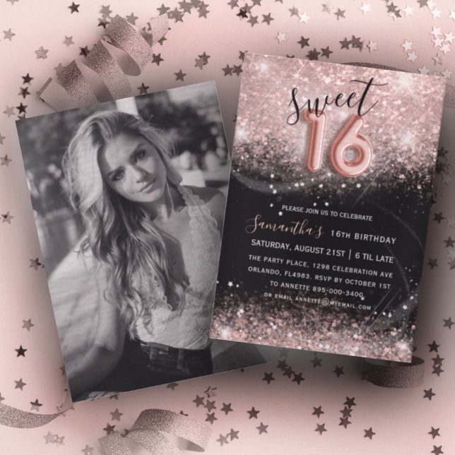 Invitación Dulce 16 Rosa Purpurina de oro y Fiesta negro (Subido por el creador)