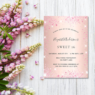 Invitación Dulce 16 rosa purpurina rosa dorado glamoroso