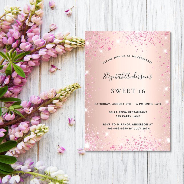 Invitación Dulce 16 rosa purpurina rosa dorado glamoroso (Subido por el creador)