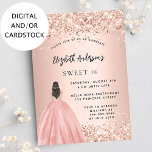 Invitación Dulce 16 rosa purpurina vestido fiesta<br><div class="desc">Una invitación moderna, elegante y glamurosa para una fiesta de 16 y 16 años. Un fondo dorado rosa con polvo falso purpurina de oro, un chica con un vestido de bola. El nombre está escrito con una escritura de estilo con letras a mano moderna. Personalice y agregue los detalles de...</div>