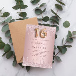 Invitación Dulce 16 rosado rosa purpurina gotea glamoroso<br><div class="desc">Una invitación moderna, elegante y glamurosa para una fiesta de 16 y 16 años de chica. Rosa polvoriento, fondo de aspecto metálico de imitación rosa con un elegante goteo purpurina falso, pinta con goteo. El nombre está escrito con un guión moderno de estilo con letras de color rosa oscuro y...</div>