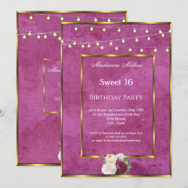 Invitación Dulce 16 Rosas de Burgundy Gold Fairy Lights