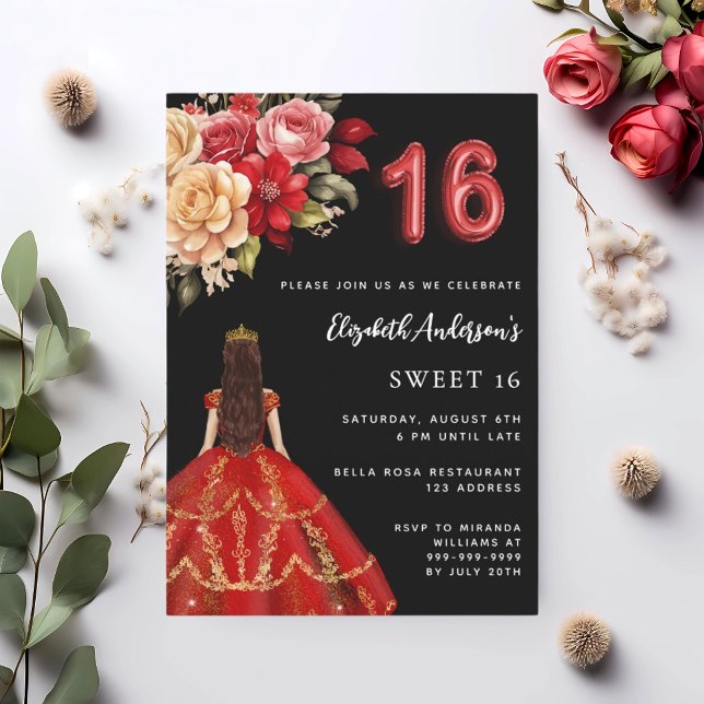 Invitación Dulce 16 rosas de flores de vestimenta roja negra (Subido por el creador)