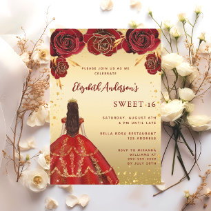 Invitación Dulce 16 rosas de flores de vestir de oro rojo