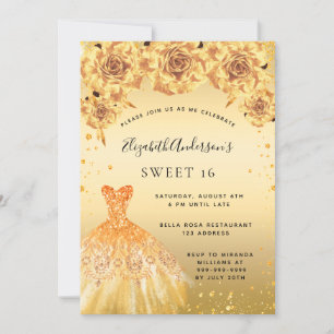 Invitación Dulce 16 rosas de vestimenta de purpurinas dorados