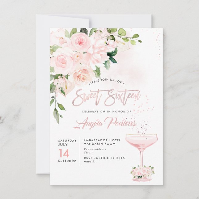 Invitación Dulce 16 Rosas H2 de Rubor Anthuriums Peonies (Anverso)