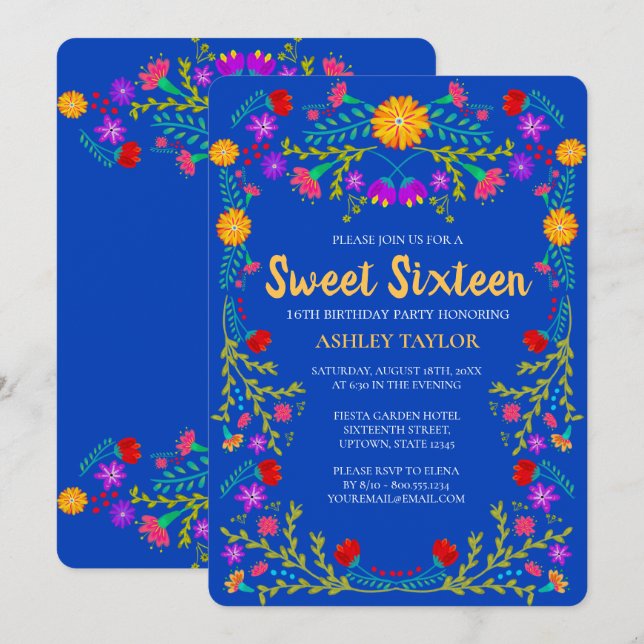 Invitación Dulce 16 Royal Blue Mexico Fiesta Floral Cumpleaño (Anverso / Reverso)