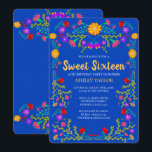 Invitación Dulce 16 Royal Blue Mexico Fiesta Floral Cumpleaño<br><div class="desc">Dulce azul real 16 Invitación para la celebración del 16º cumpleaños de su hija. Este tema floral presenta flores de arte folclórico mexicano brillantes y coloridas en rojo, rosa, morado y amarillo sobre un fondo azul real. La parte trasera de la tarjeta está bordeada de más flores. La plantilla está...</div>