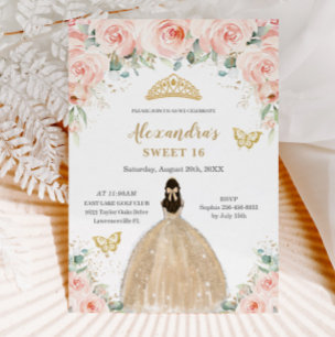 Invitación Dulce 16 Rubor Floral Champagne Vestimenta Princes