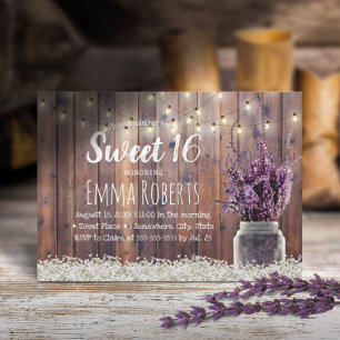Invitación Dulce 16 Rústica Lavanda Floral Jar String Lights