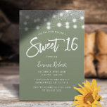 Invitación Dulce 16 sabores Purpurina de plata verde cumpleañ<br><div class="desc">Sweet 16 Modern Sage Green Plata Purpurina String Lights Invitaciones.</div>