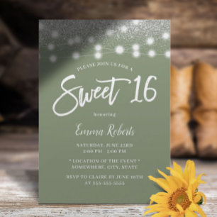 Invitación Dulce 16 sabores Purpurina de plata verde cumpleañ