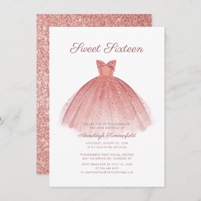 Invitación Dulce 16 Script Rosa Dorado Moderno Vestido Purpur (Anverso / Reverso)