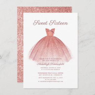 Invitación Dulce 16 Script Rosa Dorado Moderno Vestido Purpur