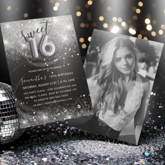 Invitación Dulce 16 Silver Purpurina y Black Birthday Party (Subido por el creador)