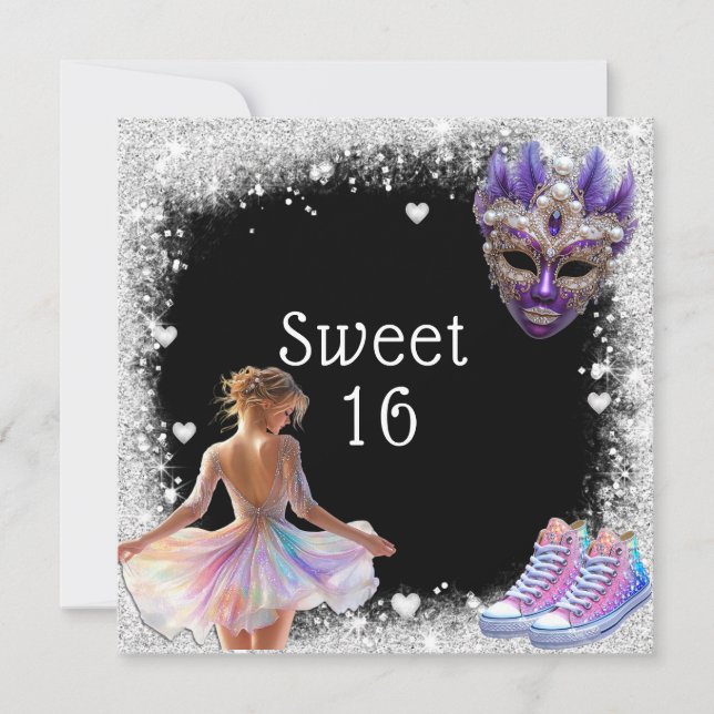 Invitación Dulce 16 Sneakers Purpurina Plata Mardi Gras (Anverso)