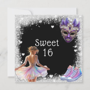 Invitación Dulce 16 Sneakers Purpurina Plata Mardi Gras