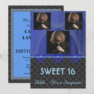 Invitación Dulce 16 Sorpresa Fiesta Seda azul y Perlas y foto