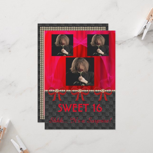Invitación Dulce 16 Sorpresa Fiesta Seda Roja y Perlas y foto (Anverso/Reverso In Situ)