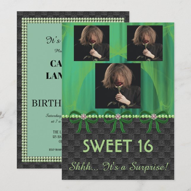 Invitación Dulce 16 Sorpresa Fiesta Seda Verde y Perlas y fot (Anverso / Reverso)