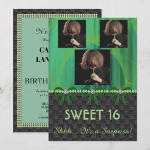 Invitación Dulce 16 Sorpresa Fiesta Seda Verde y Perlas y fot