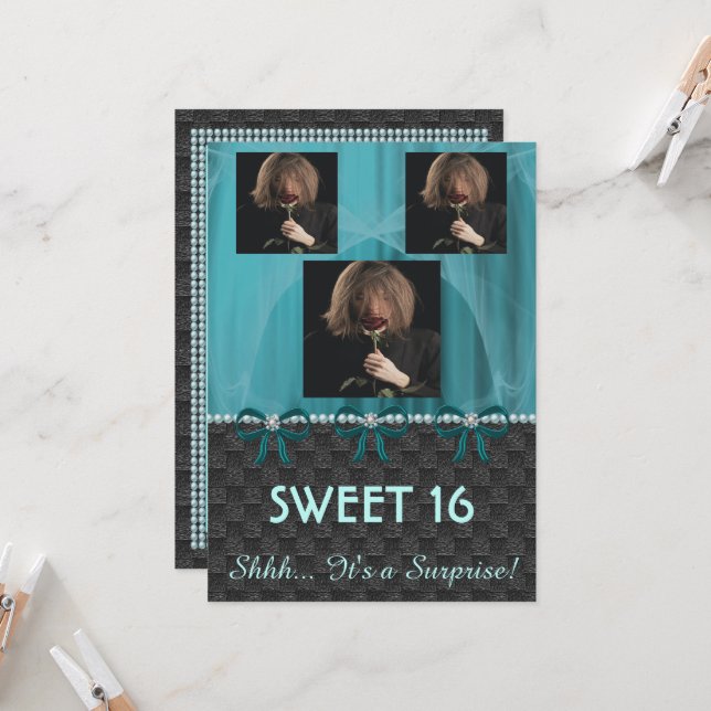 Invitación Dulce 16 Sorpresa Fiesta Verde azulada Seda azul y (Anverso/Reverso In Situ)