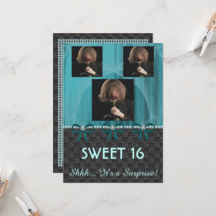 Invitación Dulce 16 Sorpresa Fiesta Verde azulada Seda azul y